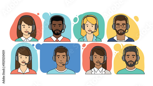 Collection of diverse customer service representative avatars wearing professional headsets in colorful round frames.