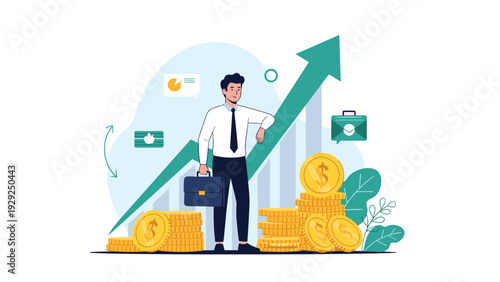 Businessman standing confidently next to a large upward trending arrow and stacks of gold coins for financial growth.