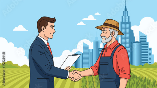 Professional businessman shaking hands with an elderly farmer in a wheat field with a modern city skyline backdrop.