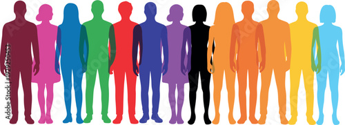 Colorful abstract vector of diverse human silhouettes, standing together, representing unity, individuality, inclusion, equality, vibrant cultural identity design