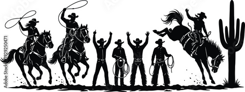 Black cowboy silhouette collection featuring rodeo riders on horses with lassos and western figures near a saguaro cactus isolated on white background