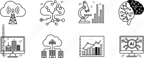 Cloud computing icons, artificial intelligence graphics, data analysis illustration, smart city technology, neural network design, scientific research visualization, modern tech concepts