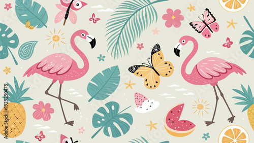 Vibrant tropical seamless pattern with pink flamingos butterflies palm leaves pineapples and fruit on cream background