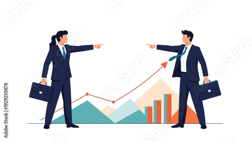 Businesswoman and businessman pointing at each other over a conflicting financial chart with upward arrows.