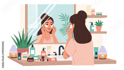 Young woman applying skincare eye patches while looking at her reflection in a well equipped bathroom mirror.