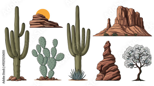 Beautiful desert landscape illustration featuring tall cacti various rock formations and a lone tree under a large setting sun.
