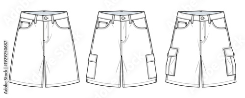 Men’s Cargo Shorts Technical Fashion Illustration. Utility Bermuda Shorts Front View Variation Set. Multi Pocket Streetwear CAD Vector Template.