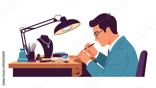 Male jeweler working at a professional workbench with specialized tools while crafting a fine piece of jewelry.
