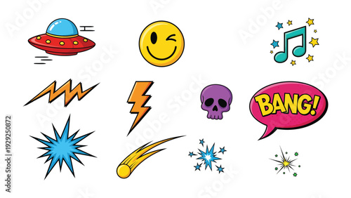 Comic Icon Pack: A vibrant collection of comic book-style icons, including an alien spacecraft, a smiling face, music notes, lightning bolts, explosions, a comet, and a speech bubble.