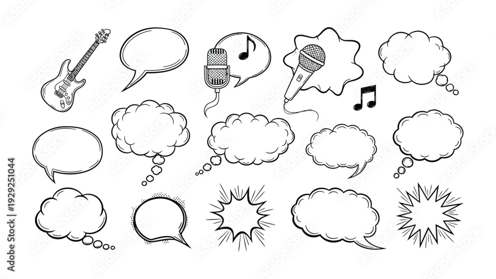 Obraz premium Musical Thought Bubbles: A collection of expressive thought and speech bubbles, with musical elements, that is perfect for expressing creativity and ideas.