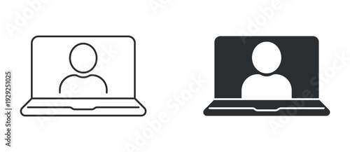 Online meeting icon set, laptop with user profile line and solid vector illustration