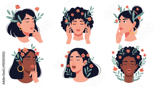 Beautiful portraits of diverse women with various ethnic backgrounds featuring colorful flowers and leaves in their dark hair.