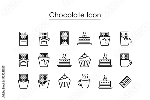 Chocolate icon set including various sweet treats and desserts