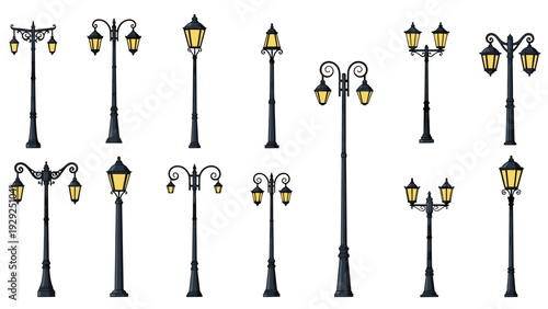 Various designs of outdoor street lamps and lanterns featuring vintage and classic styles with glowing yellow lights.