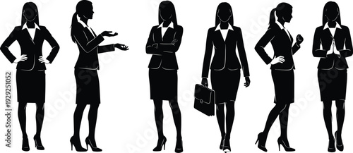 Businesswoman Silhouette Icon Set Featuring Six Professional Female Figures in Corporate Attire Depicted in Black Vector Style Representing Workplace Concept