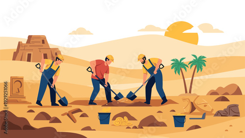 Team of archaeologists excavating ancient artifacts in a desert landscape with pyramids and palm trees under a bright sun.