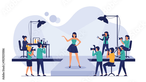 Professional fashion show event featuring a model on the runway surrounded by photographers and technical staff in a studio.