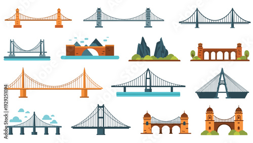 Diverse collection of bridge designs including suspension, stone arch, and modern cable-stayed structures in various colors.