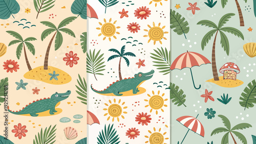 Coastal animal seamless pattern collection with alligator palm trees sun and floral elements in pastel colors for summer designs