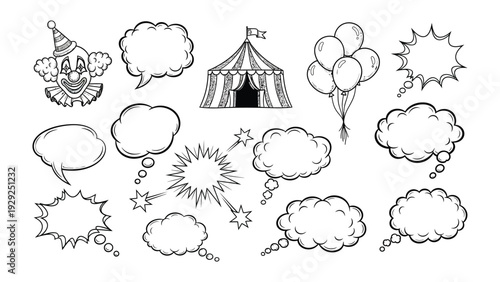 Cartoon Circus Elements: An ensemble of cartoon circus elements, including a playful clown, majestic circus tent, and whimsical balloons, offer a delightful glimpse into the world of amusement.