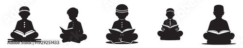 vector silhouette of a Muslim child sitting reading the Quran front view