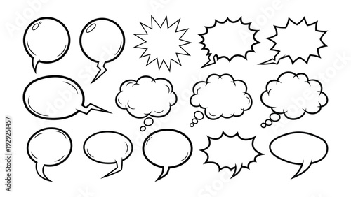 Dynamic Dialogue: A collection of various comic speech bubbles with diverse shapes and sizes, perfect for adding visual interest to graphic design, posters, and illustrations.