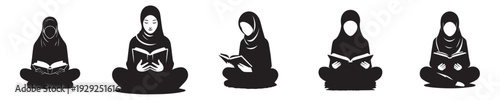 vector silhouette of a Muslim woman sitting reading the Quran front view