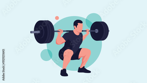 Strong athlete performing a weighted squat exercise with a heavy barbell in a gym setting for fitness and bodybuilding motivations.