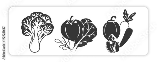 Vegetable Vector Icons Set Featuring Broccoli, Cabbage, and Beetroot – Healthy Organic Food Illustration, Minimal Black Silhouette Produce Graphics for Nutrition, Farming, Vegan Diet, Grocery