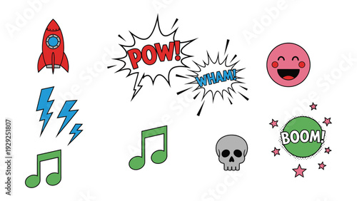 Pop Art Elements: A collection of vibrant pop art elements including a rocket, lightning bolts, musical notes, word bubbles, a smiling face, skull, and a boom! explosion with stars.