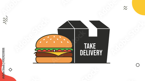 Tasty beef burger next to a black takeout food box with the text take delivery for restaurant and fast food ordering applications.