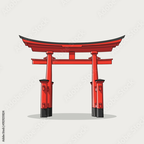 Vibrant Red Japanese Torii Gate Illustration, Traditional Shinto Shrine Entrance Arch