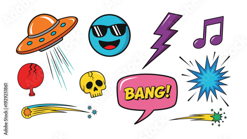 Whimsical Sticker Set: A vibrant collection of playful stickers featuring a diverse range of pop culture elements, ready to add a touch of fun to any project.