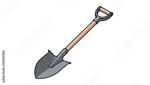 Sturdy garden shovel with a long wooden handle and metal spade for digging and soil movement in landscaping or agricultural work.