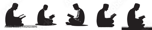 vector silhouette of a Muslim man sitting reading the Quran side view