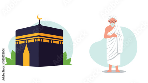 Elderly man wearing traditional white ihram garments standing next to the Kaaba in Mecca representing the holy pilgrimage of Hajj or Umrah.