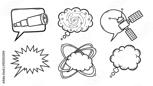 Conceptual Speech Bubbles: Artistic concept of speech bubbles, each designed to evoke the essence of exploration, scientific discovery, and outer space, all meticulously rendered in a stark.