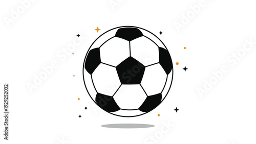Standard black and white soccer ball surrounded by decorative stars and dots symbolizing the excitement and energy of the popular team sport.