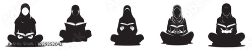vector silhouette of a Muslim woman sitting reading the Quran front view