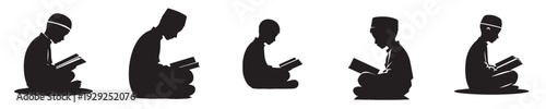 vector silhouette of a Muslim child sitting reading the Quran side view