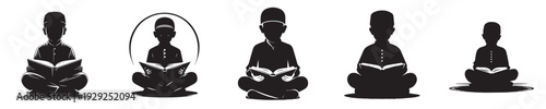 vector silhouette of a Muslim child sitting reading the Quran front view