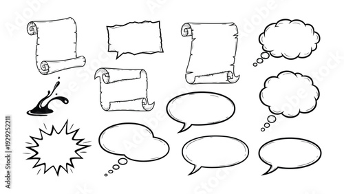 Artistic Communication tools: An assortment of creative elements, including scrolls, speech bubbles, and a splash, designed to facilitate communication, are artfully arranged.