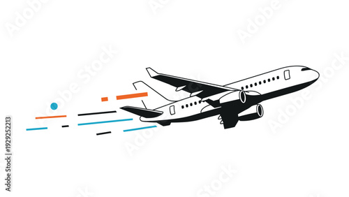 Commercial passenger airplane taking off or landing with colored motion lines behind it symbolizing travel, tourism, and fast transportation.