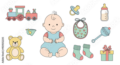 Baby Surrounded by Toys and Baby Essentials.