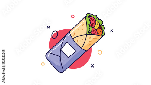 Delicious Mexican burrito wrapped in blue paper with fresh ingredients like tomato and lettuce visible at one end in a vibrant food illustration.