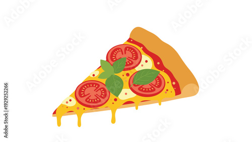 Single slice of hot pizza with melting cheese, fresh tomato slices, and basil leaves on top shown in a mouth-watering food illustration.