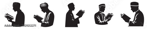 half body vector silhouette of a Muslim man reading the Quran side view