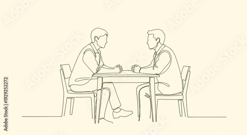 Two Men Sitting at Table Discussing.