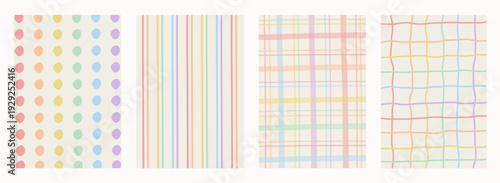 Retro vintage rainbow pride pattern set. Funky wavy psychedelic stripes, plaid and grid backgrounds. Pastel textured LGBTQ queer graphic wallpaper collection for posters, prints and decor.