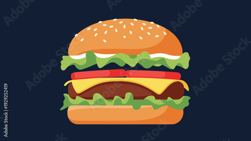 Tall juicy hamburger with a sesame seed bun, lettuce, tomato, cheese, and a meat patty shown against a dark blue background.